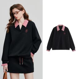 TOYOUTH Women Hoodies Sweatshirt 2025 Autumn New Fake Two Piece Spliced Turn Down Collar Cotton Embroidered Pullover Tops