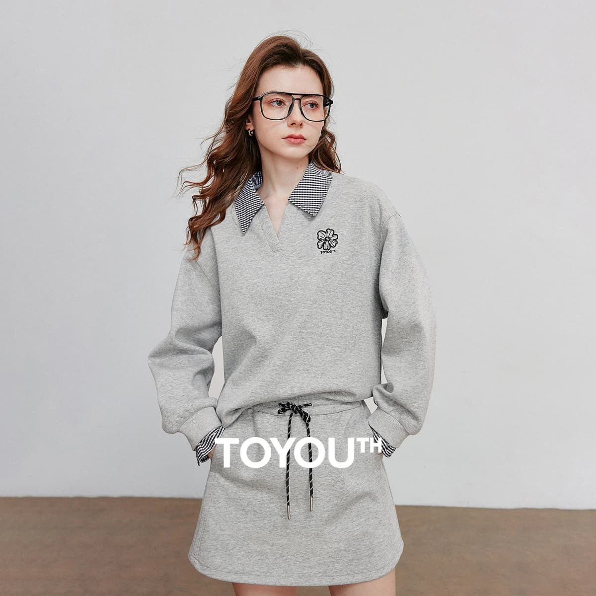 TOYOUTH Women Hoodies Sweatshirt 2025 Autumn New Fake Two Piece Spliced Turn Down Collar Cotton Embroidered Pullover Tops
