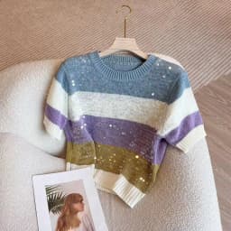 Fashion Heavy Industry Round Neck Sequin Short Sleeve Striped Women T-Shirt Summer New Knitwear Slim Versatile Basic Top Female