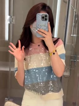 Fashion Heavy Industry Round Neck Sequin Short Sleeve Striped Women T-Shirt Summer New Knitwear Slim Versatile Basic Top Female