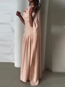 Temperament Solid Color Dress Fashion A-line O-Neck Long Dresses Luxury Nipped Waist Sleeveless Shawl Collar Banquet Dress