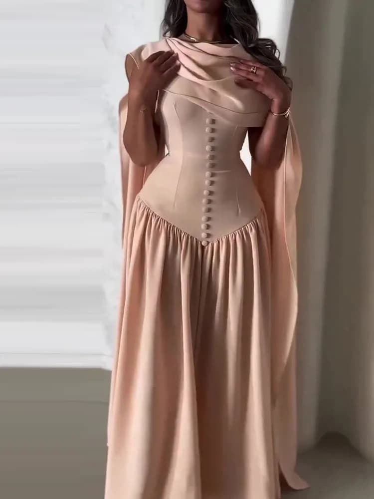 Temperament Solid Color Dress Fashion A-line O-Neck Long Dresses Luxury Nipped Waist Sleeveless Shawl Collar Banquet Dress