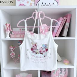 Japanese Sweet Crop Tops Grunge Y2k Cartoon Embroidery Pink Stripe Tank Top Kawaii Clothes Harajuku Aesthetic Patchwork Lace Tee