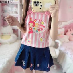 Japanese Sweet Crop Tops Grunge Y2k Cartoon Embroidery Pink Stripe Tank Top Kawaii Clothes Harajuku Aesthetic Patchwork Lace Tee