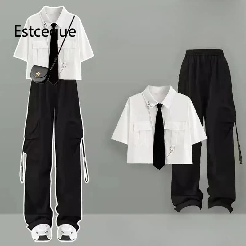 New 2025 Summer Pant Suit Woman Korean Loose Solid Two-piece Set Women's Shirt + Pants Womens Two Peice Sets