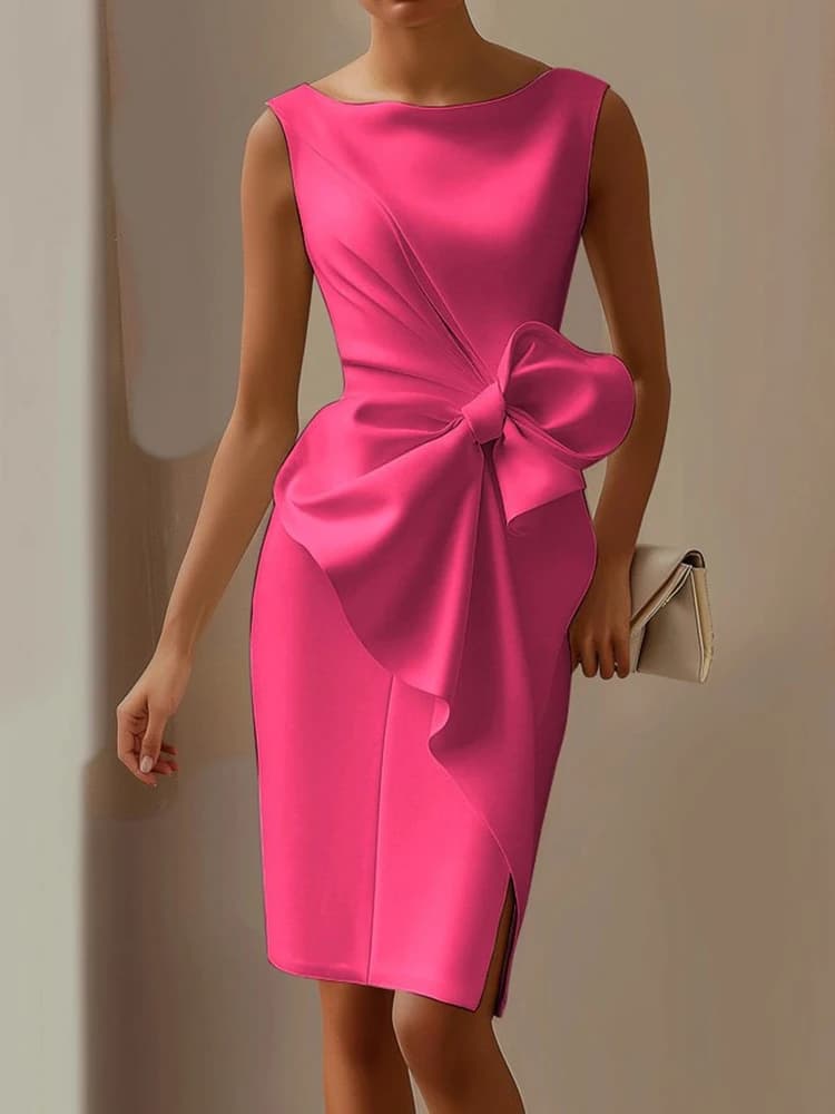 Sleeveless Bow Patchwork Simple Party Dress, Women Summer Fashion O Neck Chic Holiday Dress, Solid Casual Elegant Ladies Dress