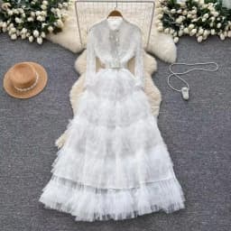 Elegant Embroidered Sequins Long Dresses Autumn Women Layer Ruffles Cake Full Sleeve Evening Party Vestidos Mesh Tulle Long Robe
