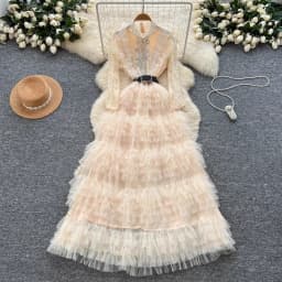 Elegant Embroidered Sequins Long Dresses Autumn Women Layer Ruffles Cake Full Sleeve Evening Party Vestidos Mesh Tulle Long Robe