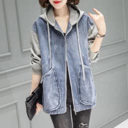 New Women's Hooded Denim Jacket Spring Autumn Patchwork, Loose Large-sized Basic Jacket, Zipper Fashion Female Motorcycle Jacket