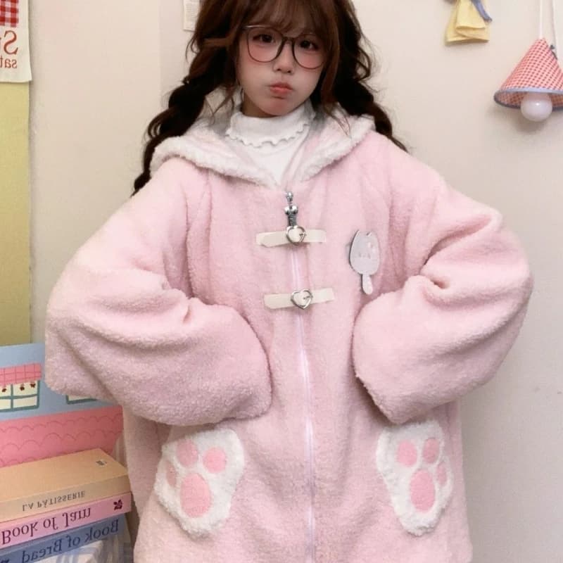 Japanese Cute Thicked Lamb Fleece Coat Women Sweet Sailor Collar Cat Embroidery Plush Jackets 2025 Ropa Mujer Warm Loose Outwear