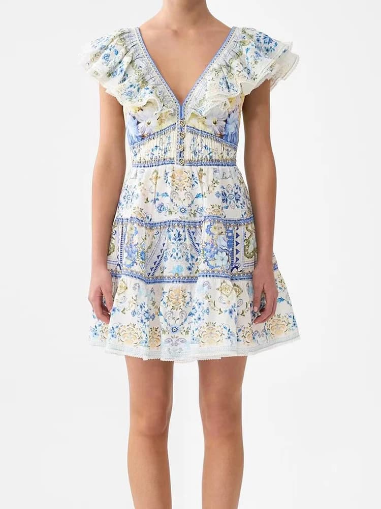 Retro high-end V-neck ruffled flying sleeve skirt summer women's new waist slim strap backless printed holiday style dress