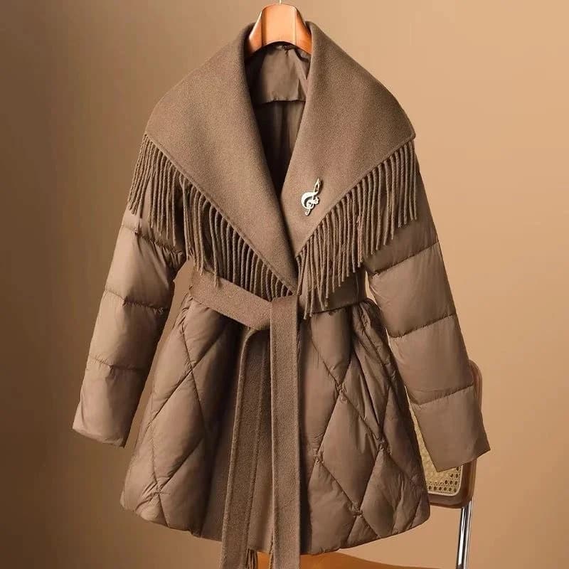 Fashion Woolen Patchwork Down Cotton Coat Winter Jacket Korean Version Lapel Waist Cinched Mid Length Elegant Cotton Overcoat