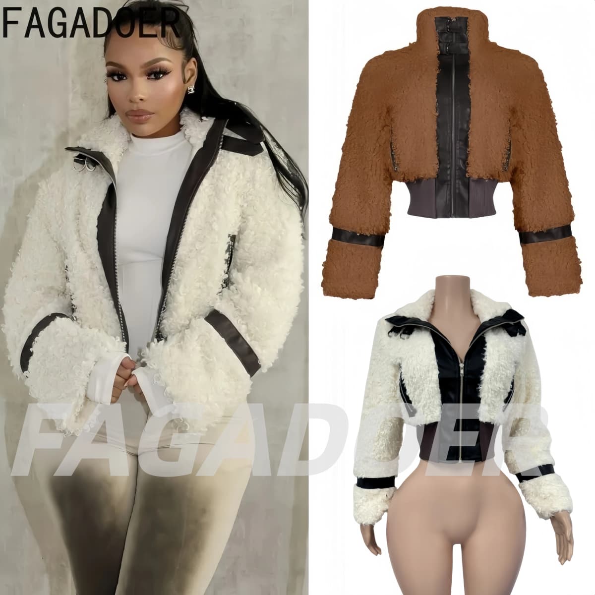 FAGADOER Winter New Casual Leather Fur Patchwork Coat Women Solid Color Long Sleeve Zipper Jacket Female Streetwear Clothing