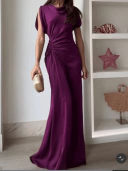 New elegant banquet dress purple waist cinched pleated skirt with temperament solid color floor length skirt