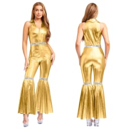 Women Metallic Shiny 70s 80s Hippie Costume Jazz Disco Dance Jumpsuit Sequin Tassels One Shoulder Bell Bottom Bodysuit Rompers