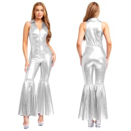 Women Metallic Shiny 70s 80s Hippie Costume Jazz Disco Dance Jumpsuit Sequin Tassels One Shoulder Bell Bottom Bodysuit Rompers