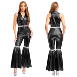 Women Metallic Shiny 70s 80s Hippie Costume Jazz Disco Dance Jumpsuit Sequin Tassels One Shoulder Bell Bottom Bodysuit Rompers