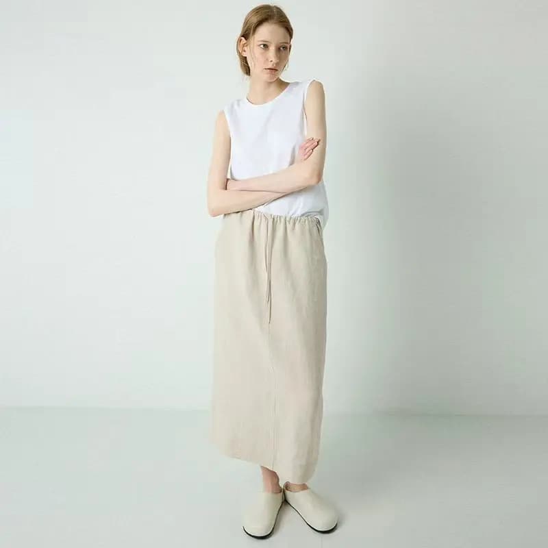 100% Linen Women's Drawstring Straight Skirt Spring/Summer New Arrival Elastic Waist Simple Casual Loose Woman Back Split Skirts