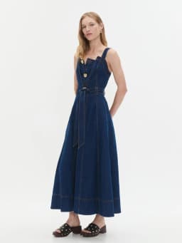 High Quality Autumn Women's Sleeveless Denim Causal Fitted Bodice Dress with Twin Belt Loops