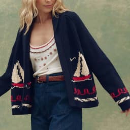 Women’s Knit Cardigan Fashionable Sailboat Horse Pattern Loose Fit Long Sleeve V Neck Open Front Lightweight Sweater