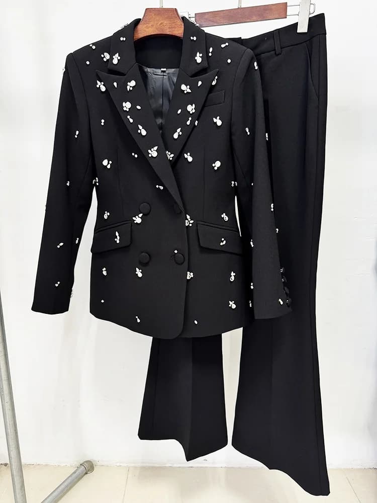 HIGH STREET Newest 2026 Stylish Designer Suit Set Women's Diamonds Beaded Blazer Pants Set 2pcs