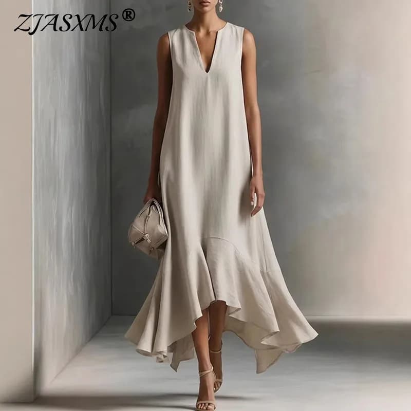 2026 Spring Solid Elegant Party Maxi Dress Woman Sexy V Neck Ruffles Hem Irregular Long Dress Summer Sleeveless Loose Boho Dress