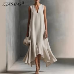 2026 Spring Solid Elegant Party Maxi Dress Woman Sexy V Neck Ruffles Hem Irregular Long Dress Summer Sleeveless Loose Boho Dress