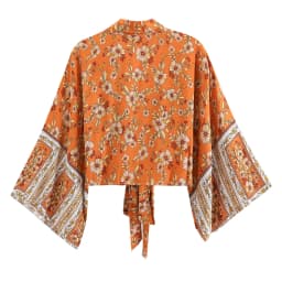 Floral Print Sashes Short Kimono Top Women Fashion V Neck Batwing Sleeve Shirt Blouse Lace Up Bohemian Hoodie Beach Bikini Cover
