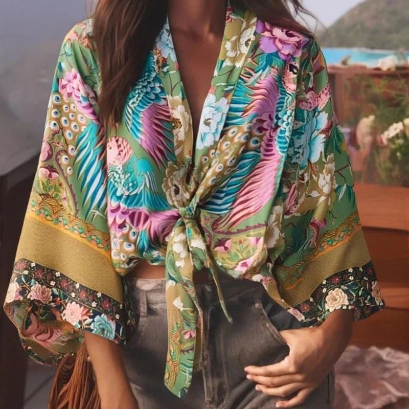 Floral Print Sashes Short Kimono Top Women Fashion V Neck Batwing Sleeve Shirt Blouse Lace Up Bohemian Hoodie Beach Bikini Cover