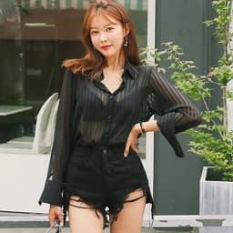 See Through Black Striped Shirts Women Spring Summer Casual Long Sleeve Y2k Blusas Sexy Ladies White Chiffon Tops and Blouses