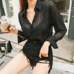 See Through Black Striped Shirts Women Spring Summer Casual Long Sleeve Y2k Blusas Sexy Ladies White Chiffon Tops and Blouses