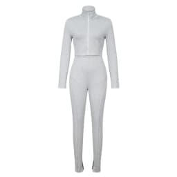 2025 Autumn Women Solid Gray 2 Piece Set Tracksuits Stand Collar Long Sleeve Zipper Crop Top + High Waist Slit Pencil Pants Suit