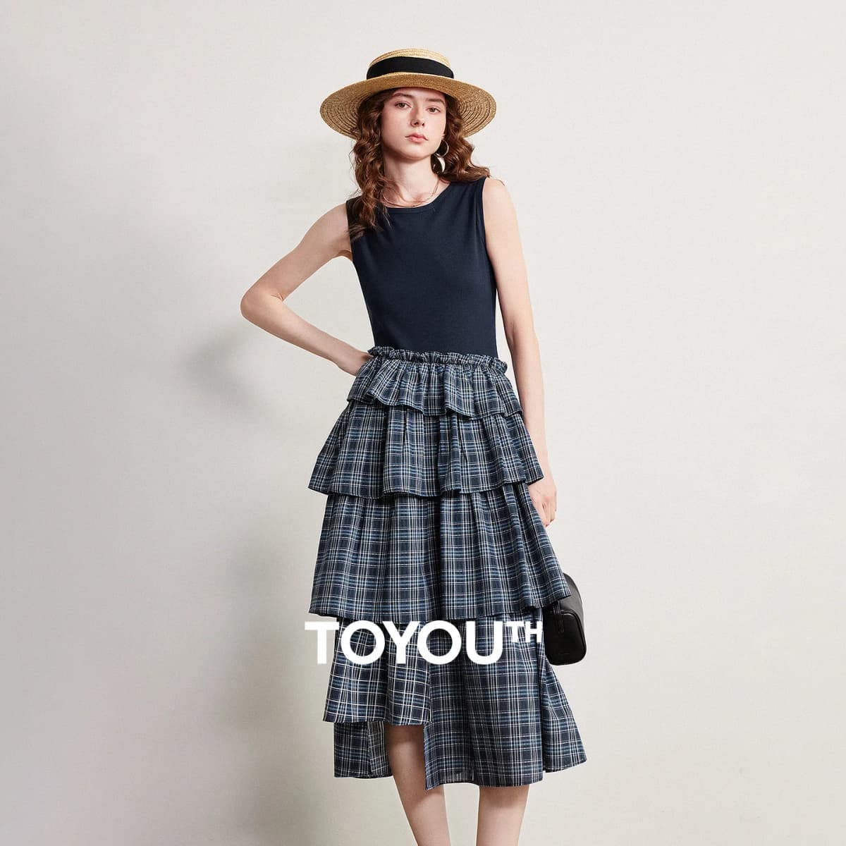 TOYOUTH Women Dress 2026 Spring New Splicing Plaid Slim Fit Soft and Flowing Mid Length Cake Skirt