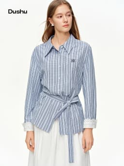 DUSHU 2025 Spring Women's Lace Trim Jacquard Striped Shirt - Tie Waist Blouse with Floral Pattern for Casual and Office Wear