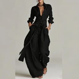 Vintage Solid High Waist Belted 2 Piece Sets Long Sleeve Button Lapel Shirt And Wide Leg Pants Woman Outfit Spring Vacation Suit