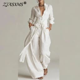 Vintage Solid High Waist Belted 2 Piece Sets Long Sleeve Button Lapel Shirt And Wide Leg Pants Woman Outfit Spring Vacation Suit