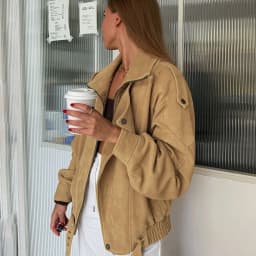 Women's Vintage Khaki Suede Jacket, Oversized Stand Collar Moto Coat with Belt & Buckle Detail, Fall Streetwear