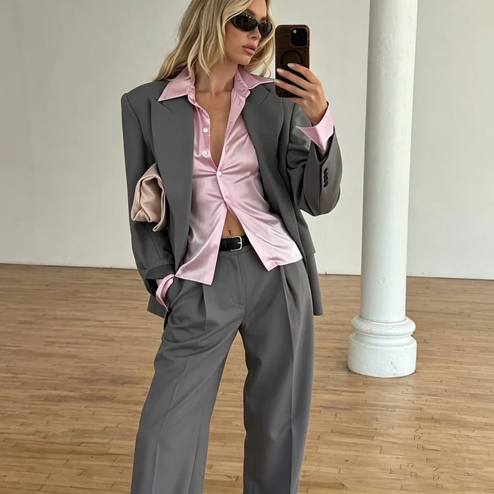 Chic Women Grey Oversized Suit Modern Office Casual 2 Piece Jacket+Pants Set Single Breasted Fashionable Ladies' Daily Outfits