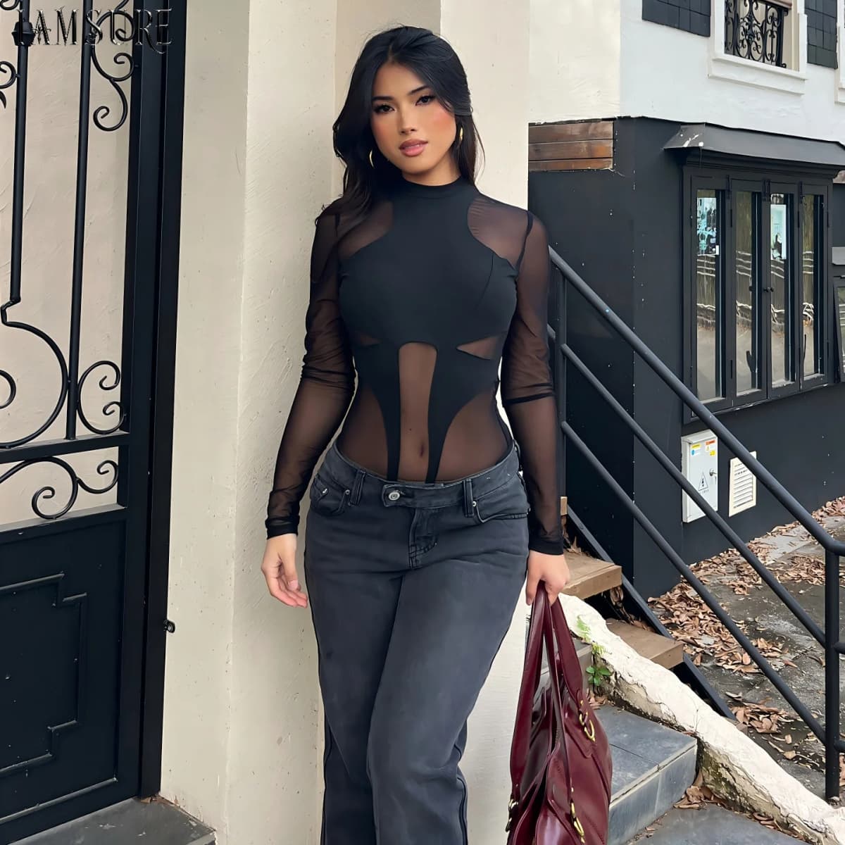 Women's Street Fashion Sheer Mesh Patchwork Bodysuits Fashion Slimming Long Sleeve Irregular Design One Piece Clothes Romper New