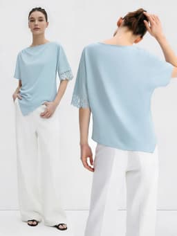 Amii Women's Blouse 2026 Summer New Boat Neck Lace Trim Asymmetric Hem Top Office Casual Short Sleeve Chiffon Shirt 12642087