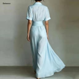 Shirt Style Wrap Waist Maxi Dress Lapel Short Sleeve Tie Waist Flowy Casual Vacation Sundress