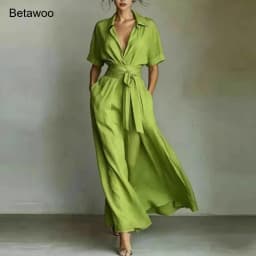 Shirt Style Wrap Waist Maxi Dress Lapel Short Sleeve Tie Waist Flowy Casual Vacation Sundress