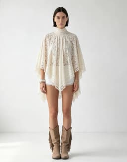 2026 New Off-White Lace Two-Piece Set Women High Neck Cape Sleeve Top & Lace Trim Shorts Vacation Outfit