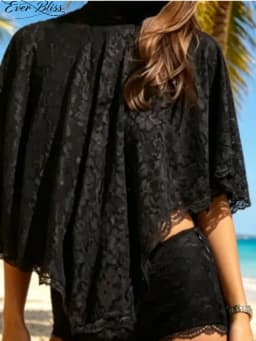 2026 New Off-White Lace Two-Piece Set Women High Neck Cape Sleeve Top & Lace Trim Shorts Vacation Outfit