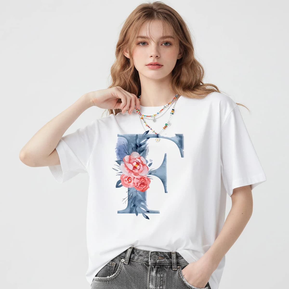 26 Alphabet Tshirt Personalized Watercolor Letter Print Women's Summer T-shirt Short Sleeve White Everything Tops Harajuku