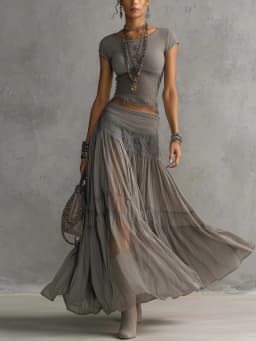 Grey Knitted Top + Chiffon Dress Set, Women's Fashion Elegant Two-piece Set