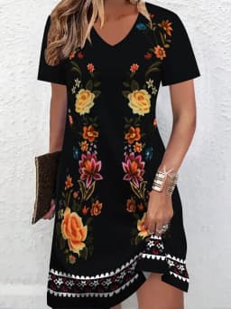 Retro Ethnic Print Summer Dress V-Neck Short Sleeve Casual Party Dress Elegant Vintage Style Clothing for Women