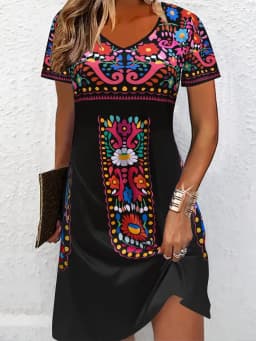 Retro Ethnic Print Summer Dress V-Neck Short Sleeve Casual Party Dress Elegant Vintage Style Clothing for Women