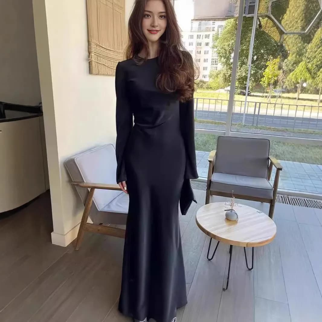 Summer Woman Dress Round Neck High Waist Black Pencil Dress Emerald Green Elegant Women's Evening Party Maxi Length Silky