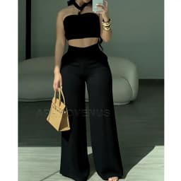 Elegant White Halter Crop Top & Wide Leg Pants 2Piece Set Women Summer Braided Ruched Sleeveless High Waist Casual Party Outfits